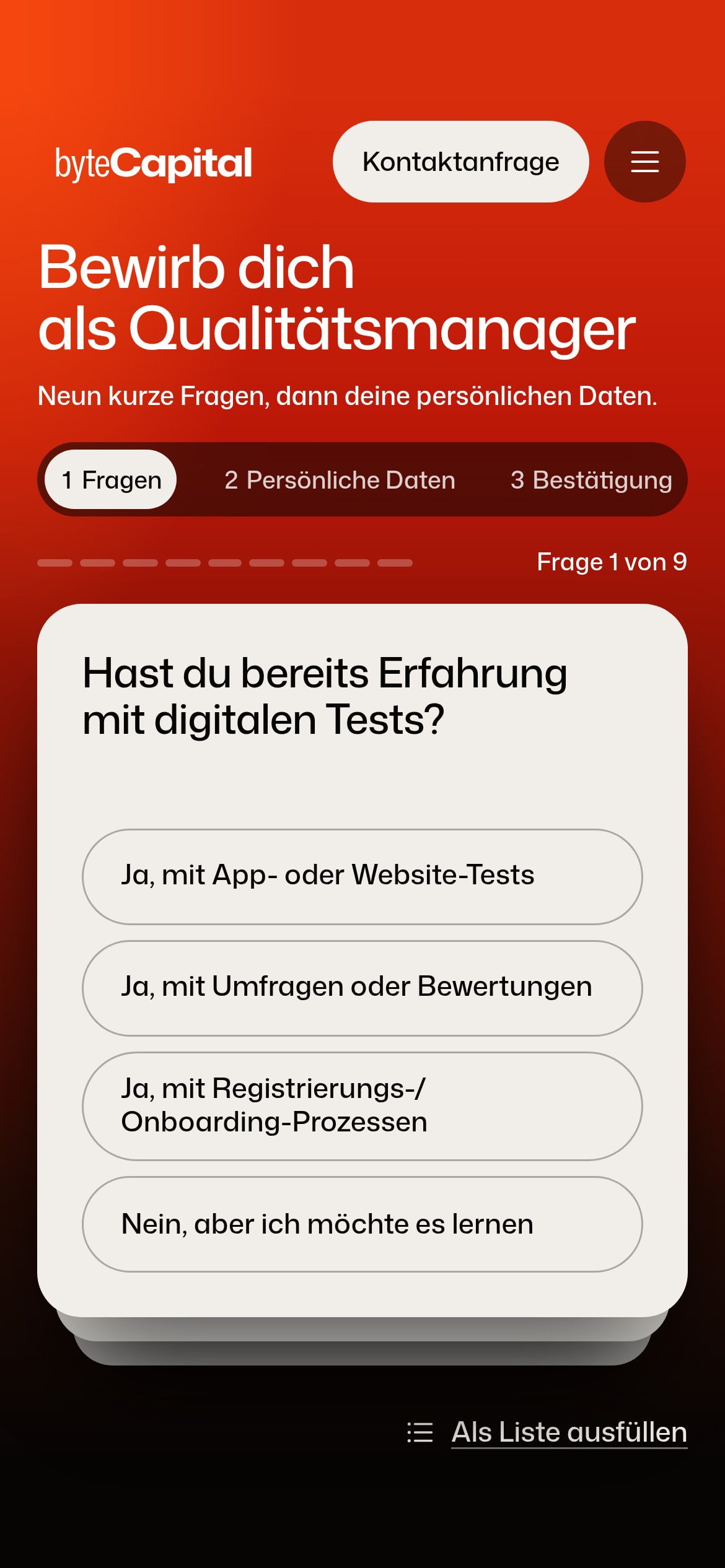 Bewerbung bei byteCapital auf einem iPhone: die erste Frage des Quiz