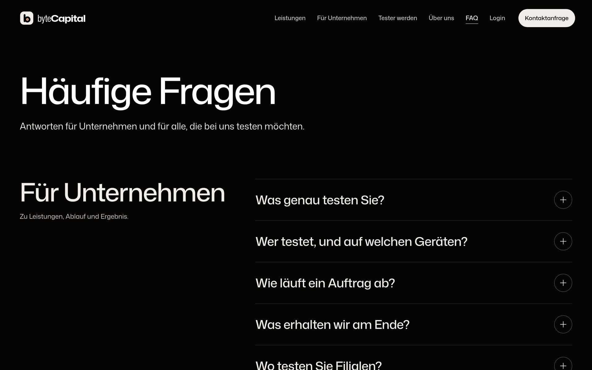 Seite „Häufige Fragen“ von byteCapital in einem Browserfenster unter Windows