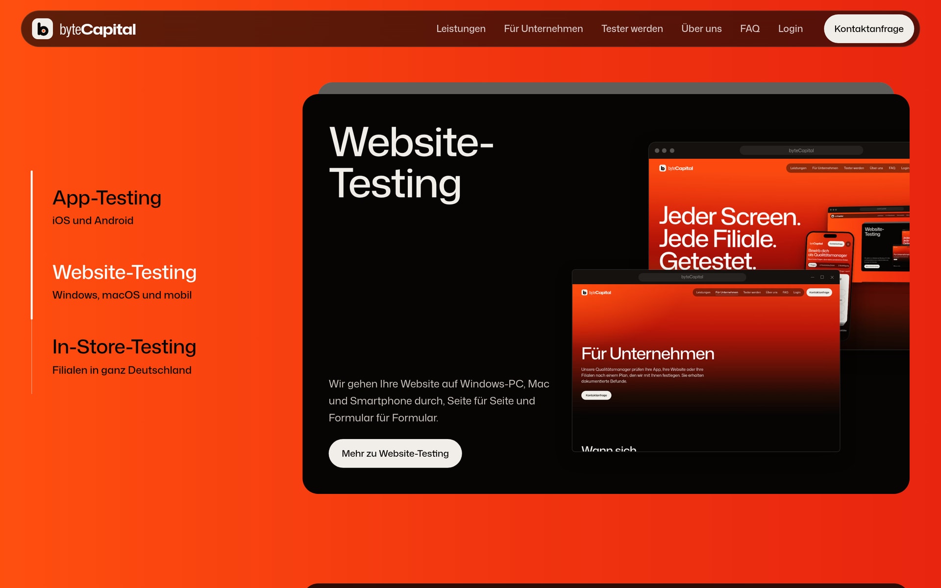 Startseite von byteCapital in einem Browserfenster unter macOS: die Karte Website-Testing