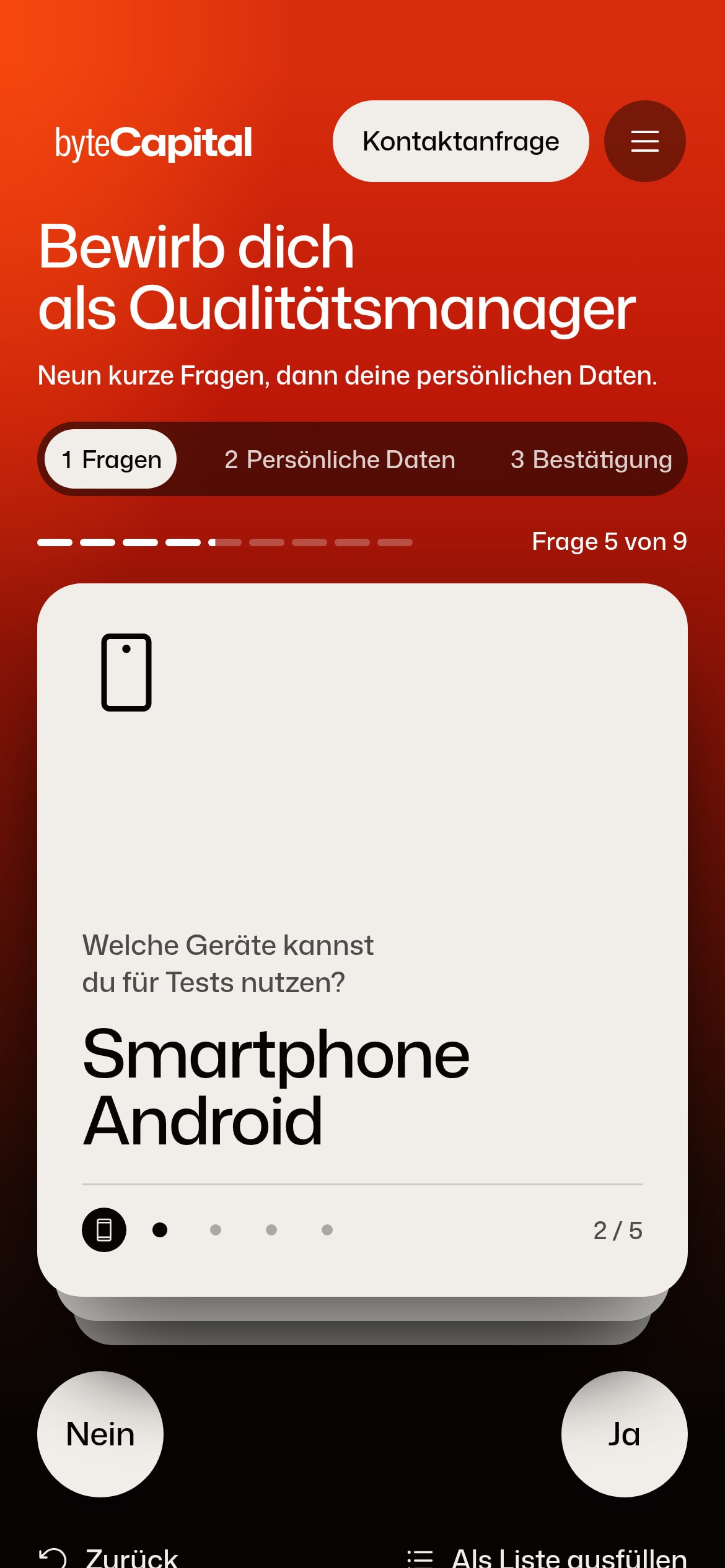 Bewerbung bei byteCapital auf einem Android-Smartphone: eine Wischkarte des Quiz